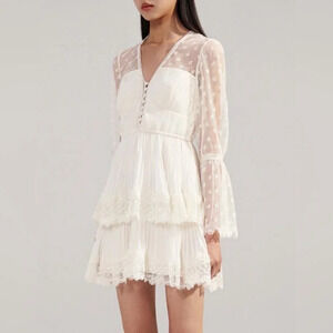 NEW Self-Portrait Chiffon Lace Tiered Mini Dress White Ivory | size UK 8 / US 4